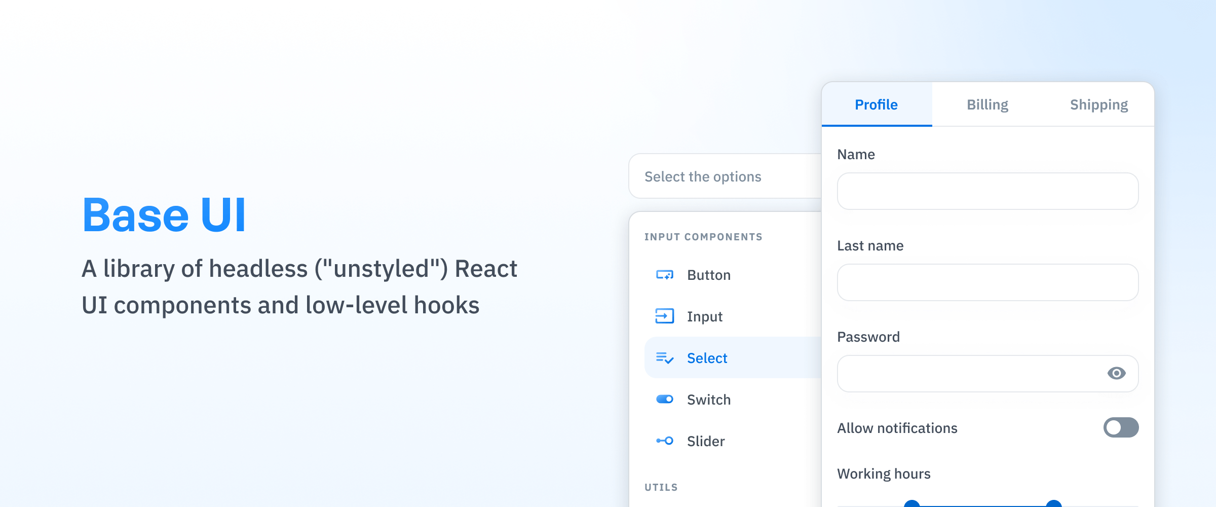 Demo components built with Base UI, a newly introduced library of unstyled components and hooks